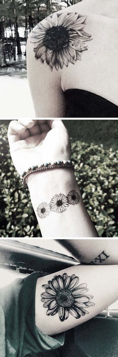 three different tattoos that are on the arm and wrist, one with a sunflower