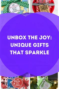 the words unbox the joy unique gifts that sparkle in front of a collage of pictures