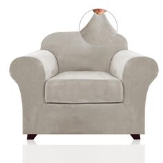 a gray chair with an apple sitting on it's back