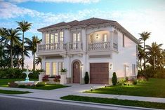 a white two story house with palm trees in the front yard and landscaping around it