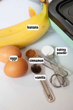 an image of ingredients for baking on the counter with bananas and other things to eat