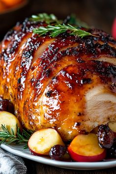 a roasted turkey with apples and cranberries on a plate