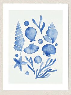 blue watercolor painting of sea life on white paper