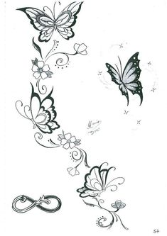 butterflies and swirls tattoo design on the back of a woman's arm,