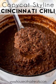 a spoon full of chocolate cake batter with the words copycat skyline cincinnati chili on it