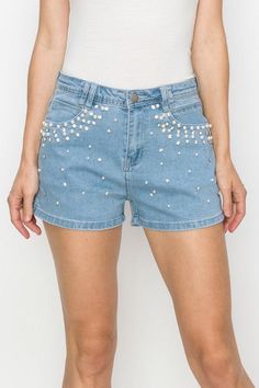 Pearl and rhinestone embellished denim shorts Brand: Kiwi Style: IP2233 Fabric: Details: Pearl and rhinestone embellished stretch denim shorts in a dark and light wash. Model is wearing a size Small. Embellished Shorts, Stretch Denim Shorts, Hair Up Styles, Embellished Denim, Dark And Light, Denim Details, Shorts Jeans, Fabric Details, Dark Denim