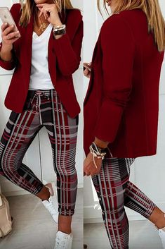 Burgundy Casual Print Patchwork Turndown Collar Long Sleeve Two Pieces_Two-piece Pants Set_KnowFashionStyle | Wholesale Shoes,Wholesale Clothing, Cheap Clothes,Cheap Shoes Online. - KnowFashionStyle.com Ensemble Blazer, Printed Pants Style, Two Piece Pants Set, Blazer Set, Workwear Fashion, Casual Work Outfits, Casual Suit, Turndown Collar, 영감을 주는 캐릭터