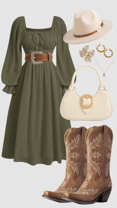 #green #olivegreen #western #countrygirl #country #dress #cowboyboots #cowgirl #churchoutfit #summer #falloutfit #outfitideas #modestfashion #outfit #modesty #hat White Country Outfits Women, Country Long Dress, Cowgirl Style Dresses, Simple Western Dresses Outfit, Outfit Ideas For Cowgirl Boots, Dressy Casual Western Outfits, Old Country Outfits Women, Chic Farm Outfits, Cute Cowgirl Dresses