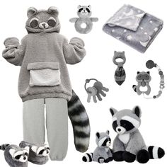 a stuffed raccoon is standing next to other animal toys and accessories on a white background