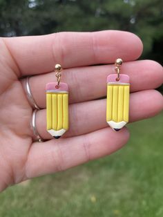 Long pencil earrings made from polymer clay. Stainless steel gold plated ball post. Nickel free. Pencil Earrings, Crayon, Jewelry Earrings Dangle, Etsy Earrings, Polymer Clay, Dangle Drop Earrings, Dangle Earrings, Gold Plate, Handmade Items