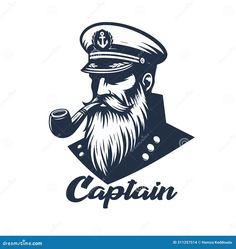 Bearded ship sailor with captain cap and a pipe Ship Navigation, Sailor Logo, Beard Illustration, Sea Sign, Sailor Captain, Captain Cap, Adventure Logo, Sea Captain