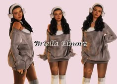 an image of a woman wearing headphones and sweaters in three different poses with the caption briella elmore