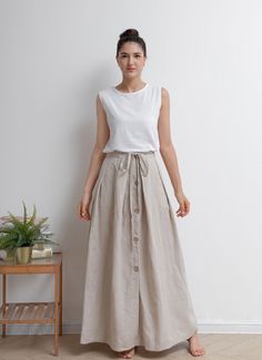 Cream Linen Skirt Outfit, Lenin Skirt, Casual Midi Skirt Outfit, Cottage Skirt, Linen Skirt Outfit, Cotton Skirt Outfit, Custom Skirt, Linen Skirts, Linen Style Fashion