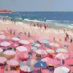 an oil painting of people at the beach with umbrellas in the sand and on the water