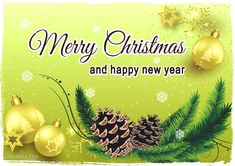 merry christmas and happy new year greeting card with pine cones, ornaments and snowflakes