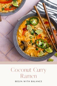 two bowls of coconut curry ramen with chopsticks