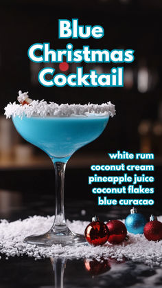 Blue Christmas Cocktails Grinch Cocktail With Blue Curacao, Teal Alcoholic Drinks, Blue Christmas Cocktail Recipe, Blue Curacao Martini, Blue Coconut Margarita, Cream Of Coconut Recipes Drinks, Blue Christmas Cocktails, Blue Christmas Drink, Creamy Christmas Cocktails