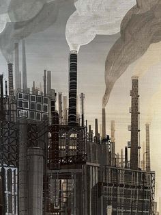 an oil painting of industrial buildings and smokestacks