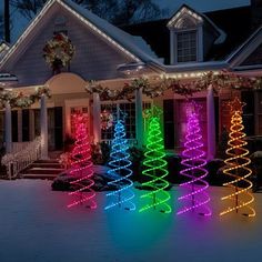 lighted christmas trees in front of a house