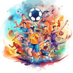 a group of people playing soccer against each other on a colorful background with watercolor splashes