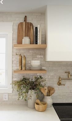 the kitchen counter is clean and ready to be used as a cook's space