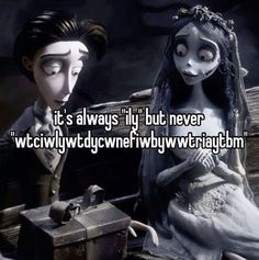 the corpse bride and groom are sitting next to each other in front of a chest