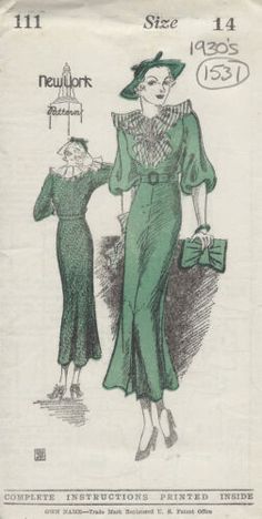 an old fashion sewing pattern with two women in green dresses and hats, one wearing a hat