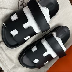 Brand New Herms Chypre Slides In Noir (Black) - Women’s 37 Includes Dust Bag, Ribbon, Box Fit: Sandals By Herms Typically Run Small, Consider Taking A Half Size Up. Chypre Sandal Hermes, Hermes Slides, Ribbon Box, Nina Shoes, Hermes Shoes, Shoe Inspo, Sandals Women, Mens Slippers, Women's Shoes Sandals