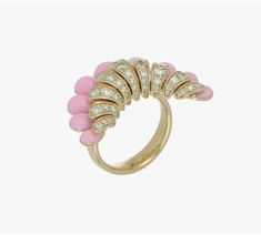 Ref. FF176RG54 Allegra ring, Yellow Gold, Champagne Diamonds, Pink Enamel. Allegra Big Pink Enamel ring in 18k yellow gold, adorned with sparkling champagne diamonds, and hand-painted with pink enamel gently ebbing the finger like floral petals. Gold: g 15.20 | Champagne Dia: ct 1.29All weights are approximate. Slight variations may occur due to the nature of handmade craftsmanship. Elegant Pink Enamel Ring, Pink Enamel Ring Fine Jewelry, Designer Pink Jewelry For Wedding, Designer Pink Wedding Jewelry, Fine Jewelry Pink Enamel Ring, Designer Round Pink Jewelry, Designer Pink Round Jewelry, Pink Formal Enamel Ring, Fine Pink Enamel Rings