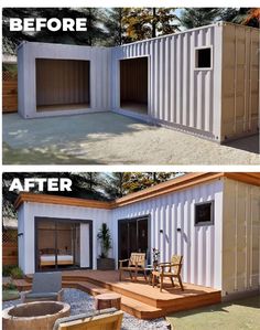 before and after pictures of a shipping container home