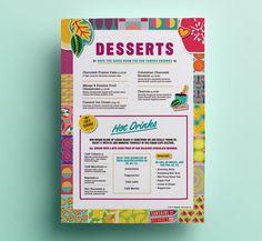 the menu for desserts is displayed on a blue background with colorful patterns and designs