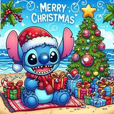 a christmas card with an image of a cartoon character on the beach and presents in front of