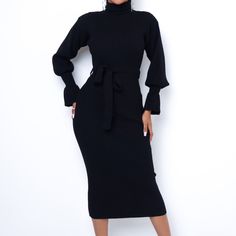 48% Arayon 28% Poly 24% Nylon Great Stretch Fitted Black Winter Dress, Fitted Black Dress For Winter, Belted Party Dresses For Winter, Winter Evening Belted Midi Dress, Winter Party Dress With Belt, Winter Evening Dresses With Belt, Fitted Knee-length Maxi Dress For Winter, Knee-length Belted Midi Dress For Night Out, Black Bodycon Knee-length Maxi Dress