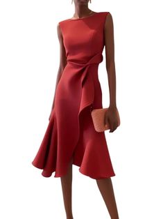 Red Sleeveless Midi Elegant Dress with Waist Twist for Day-to-Night Midi Elegant Dress, Ruched Midi Dress, Crewneck Dress, Midi Dress With Sleeves, Ruched Dress, Buy Dress, Elegant Dress, Fitted Dress