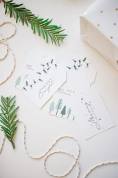 three tags with christmas trees on them next to some pine branches and twine string