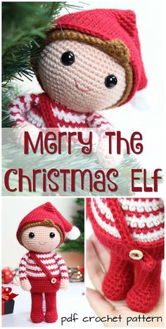 a crocheted christmas elf doll is shown with the text merry the christmas elf