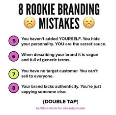 a poster with the words 8 rookie branding mistakes