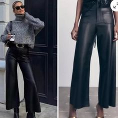 Zara High-Waisted Faux Leather Zw Marine Straight Pants Nwt Excellent Condition All Black Work Outfits, Zara Leather Pants, Ski Bunny, Zara Jumpsuit, Zara Leather, Black Work, Faux Leather Pants, Zara Pants, Straight Pants