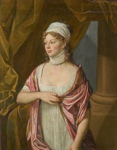 a painting of a woman wearing a white dress with a pink sash around her neck