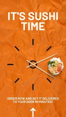 an advertisement for sushi time with chopsticks sticking out of the clock face