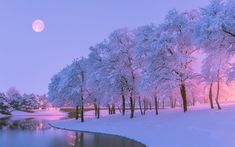 a snowy landscape with trees and the moon in the sky over water at night time