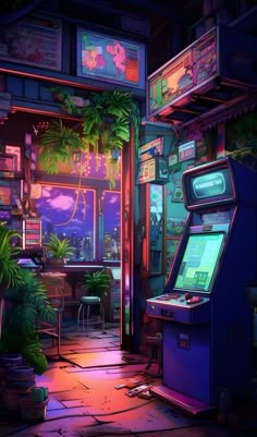 a video game machine in a room filled with plants and other things on the walls