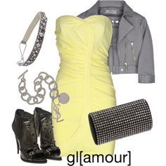 Yellow ruched dress with gray and black Moto Jacket, Wedge Shoes, Fashion Looks, Wedges, Mini Dress, Dresses, Clothes