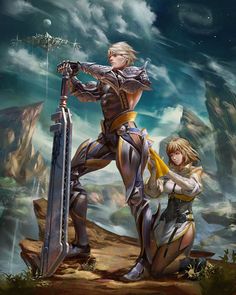 an image of two people standing next to each other with swords in their hands and armor on