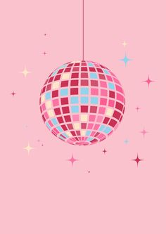 a pink background with a disco ball hanging from it's center and stars around it