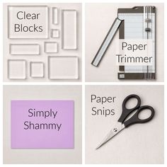 four different types of paper and scissors on top of each other with the words clear blocks, paper trimmer, paper snips