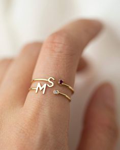 Personalized 14k Initial ring with birthstone. Customize your ring with any Uppercase letter A-Z with your choice of birthstone. Perfect gift for you or your loved ones. • 14k Gold • Adjustable open ring style • Letter measures about 5mm HOW TO ORDER Leave us your choice of letter and birthstone while check out in the note box Initial Rings Gold, S Letter Ring Design, Couple Letter Ring, S Letter Ring, Rings With Letters, Ring With Letter, Ring With Initials, Initial Ring Gold, M Ring