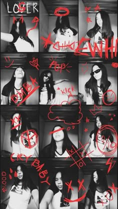 black and white photo collage with red graffiti on it's face, in multiple images