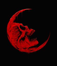 a red and black drawing of a skull on a crescent moon with blood dripping down the side