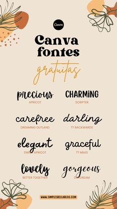 a poster with the words canva fontes and other things to write on it